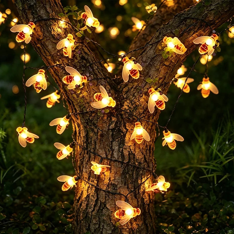 20 LED Cute Solar Bee Fairy String Lights Garden Lights 8 Mode Outdoor Lighting for Flower Fence Christmas Wedding Decor