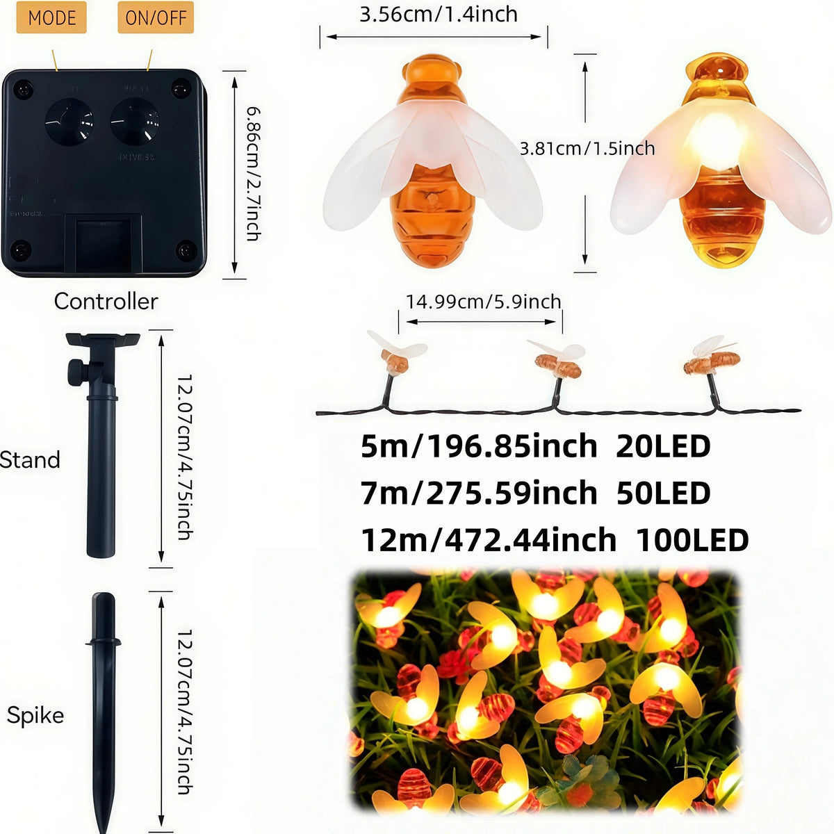 20 LED Cute Solar Bee Fairy String Lights Garden Lights 8 Mode Outdoor Lighting for Flower Fence Christmas Wedding Decor