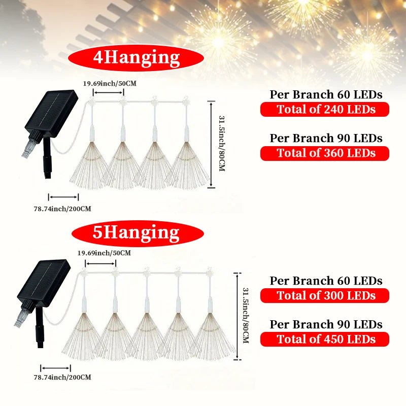 4pcs Solar Hanging Firework Lights for Eaves Solar Powered with Light Sensor Control Outdoor Garden Yard Decorative Lights