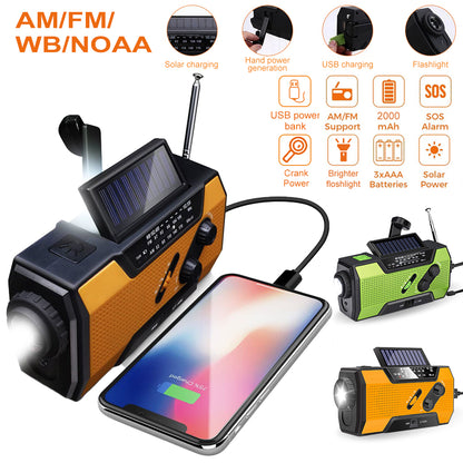 Solar Hand Crank Radio: FM/AM/WB, LED, USB Power Bank