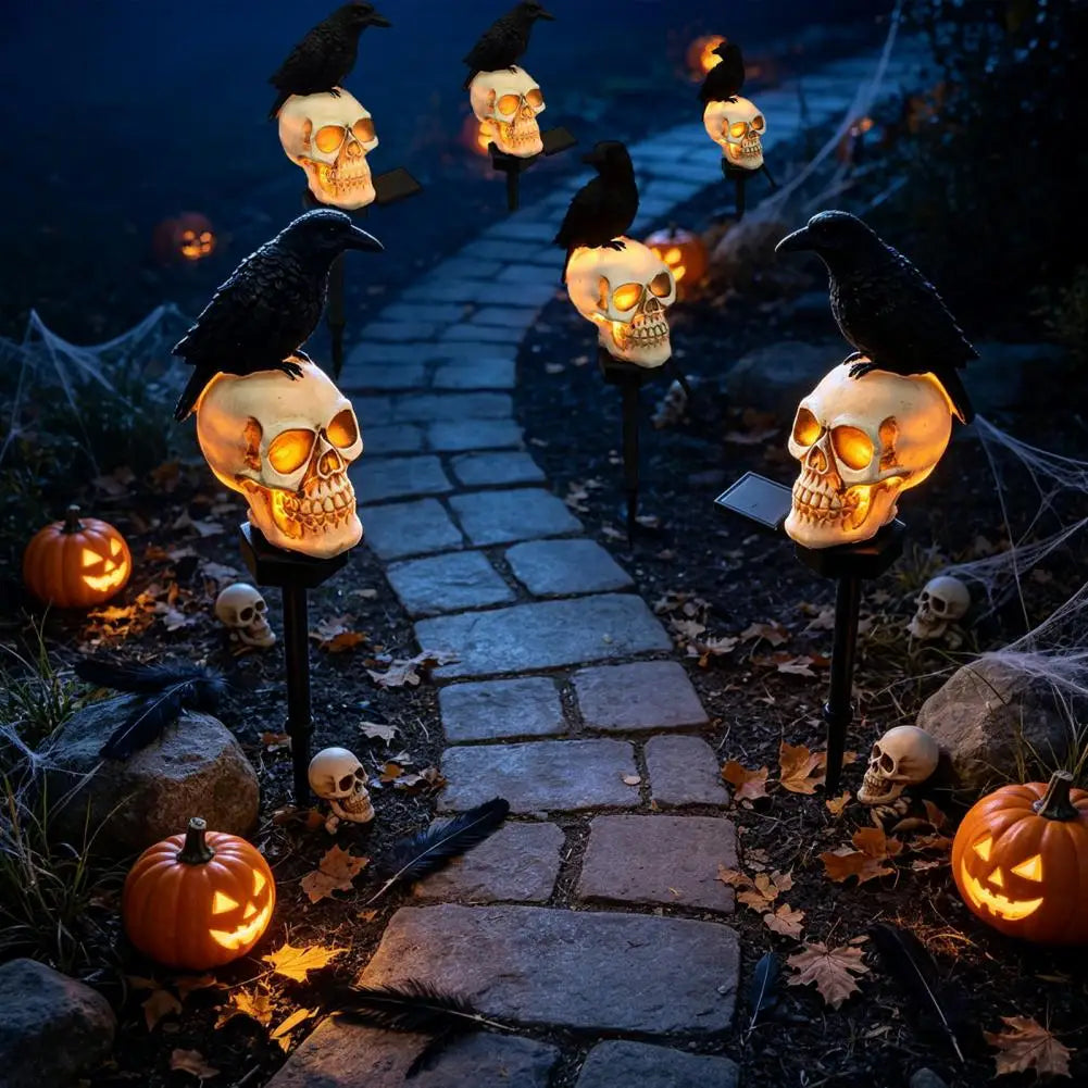 Waterproof Halloween Solar Pathway Light, LED Solar Crow Skull Light Gothic Crow On Skeleton Head Stake Lamp