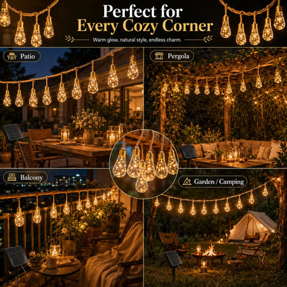 Solar String Lights Hemp Rope Edison Bulb Fairy Lights 4M/6M/8M Warm White for Garden Patio Pergola Wedding Christmas Decor