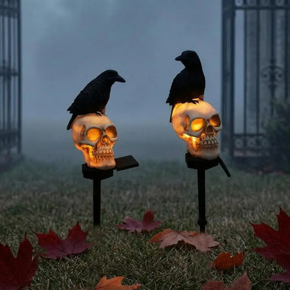 Waterproof Halloween Solar Pathway Light, LED Solar Crow Skull Light Gothic Crow On Skeleton Head Stake Lamp