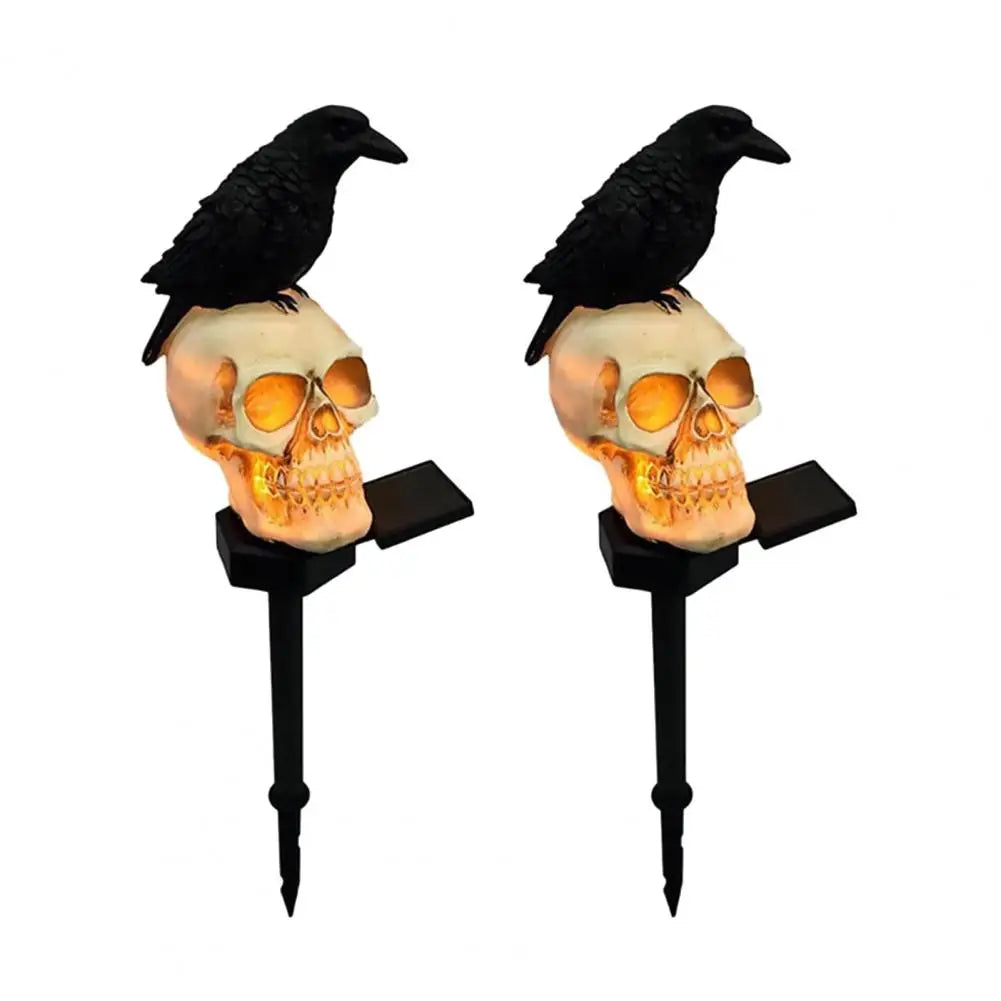 Waterproof Halloween Solar Pathway Light, LED Solar Crow Skull Light Gothic Crow On Skeleton Head Stake Lamp
