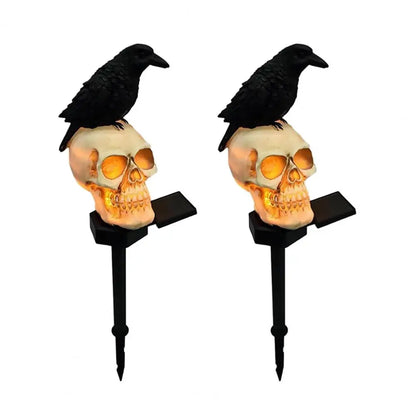 Waterproof Halloween Solar Pathway Light, LED Solar Crow Skull Light Gothic Crow On Skeleton Head Stake Lamp