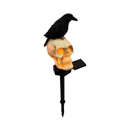 Waterproof Halloween Solar Pathway Light, LED Solar Crow Skull Light Gothic Crow On Skeleton Head Stake Lamp
