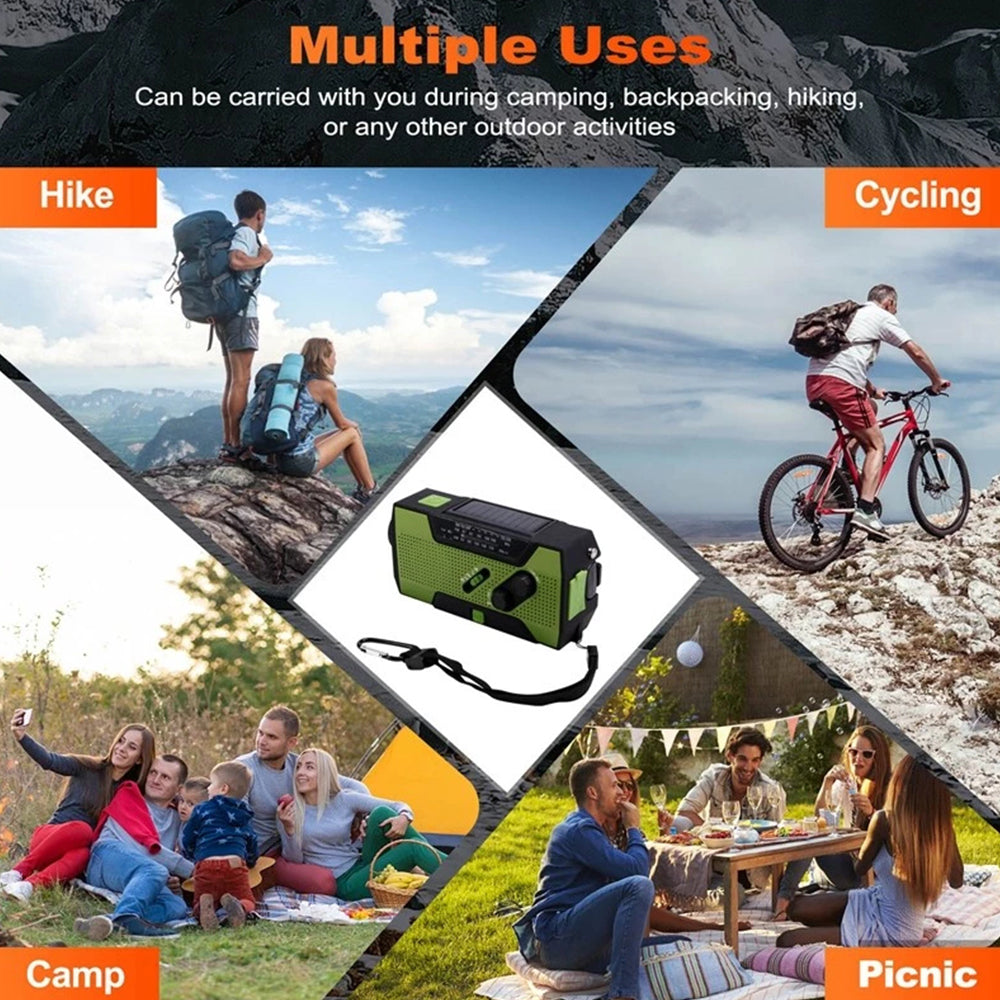 Solar Hand Crank Radio: FM/AM/WB, LED, USB Power Bank