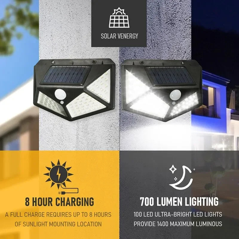 Solar Wall Lights Outdoor: 100LED Solar Wall Lamp - Motion Sensor, Waterproof, 2PCS