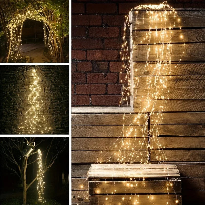 1pc LED solar waterfall light,fairy wreath light,8 lighting modes,For courtyard,garden,balcony,trees,fences,party Decoration