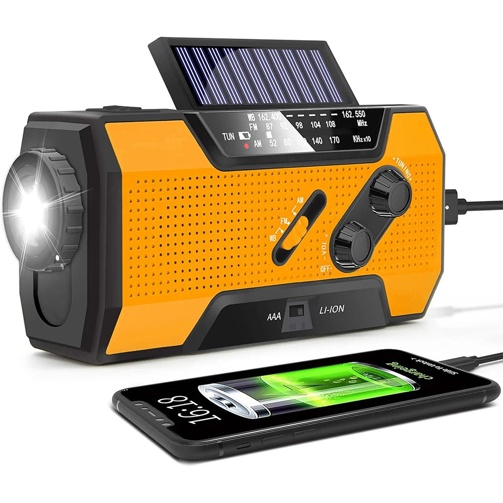 Solar Hand Crank Radio: FM/AM/WB, LED, USB Power Bank