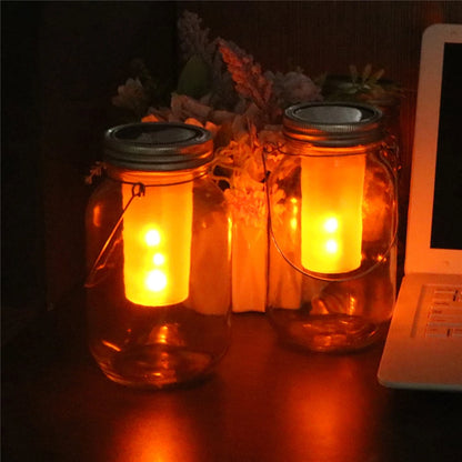 2PCS Solar LED Mason Jar Lit Light Flame Warm LED Garden Outdoor Solar Bottle Lamp Candle Lantern Christmas Decoration