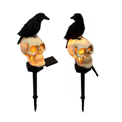 Waterproof Halloween Solar Pathway Light, LED Solar Crow Skull Light Gothic Crow On Skeleton Head Stake Lamp