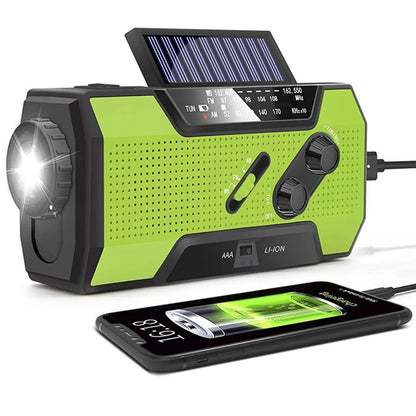 Solar Hand Crank Radio: FM/AM/WB, LED, USB Power Bank