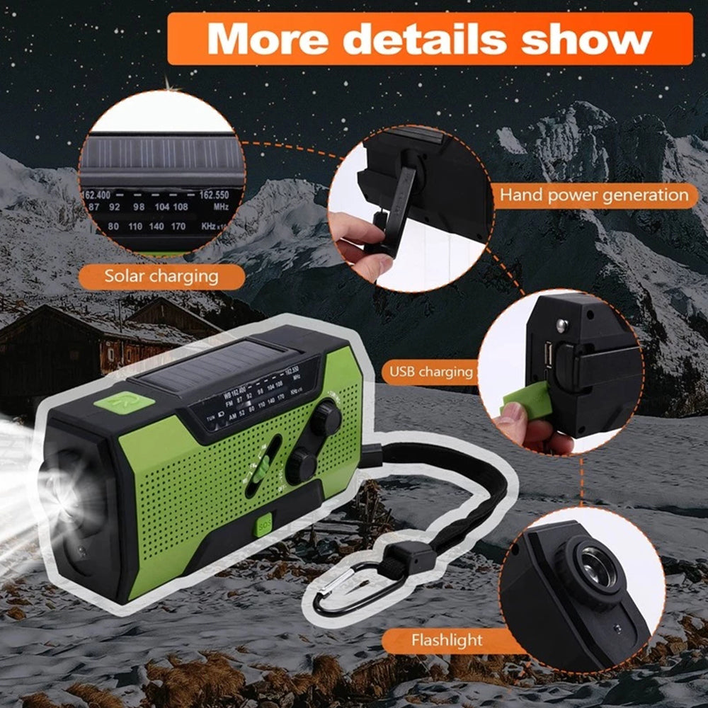 Solar Hand Crank Radio: FM/AM/WB, LED, USB Power Bank