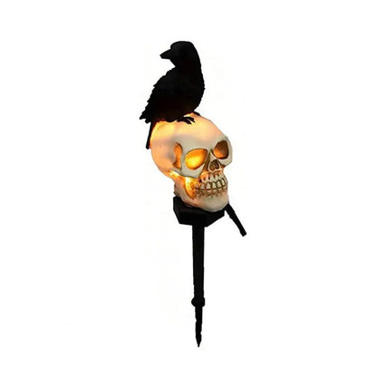 Waterproof Halloween Solar Pathway Light, LED Solar Crow Skull Light Gothic Crow On Skeleton Head Stake Lamp