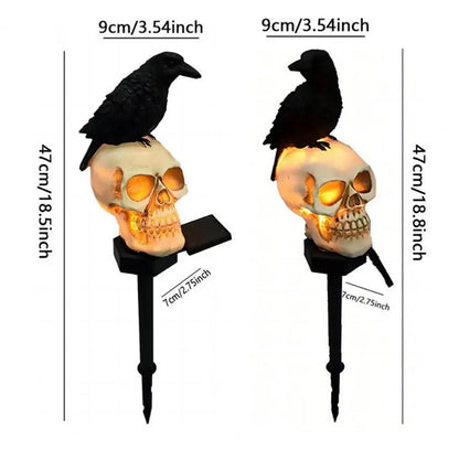 Waterproof Halloween Solar Pathway Light, LED Solar Crow Skull Light Gothic Crow On Skeleton Head Stake Lamp