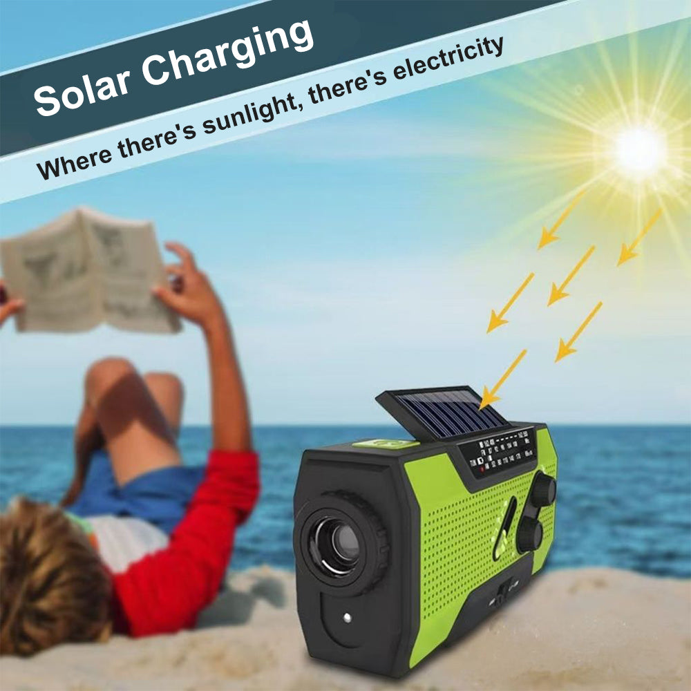 Solar Hand Crank Radio: FM/AM/WB, LED, USB Power Bank
