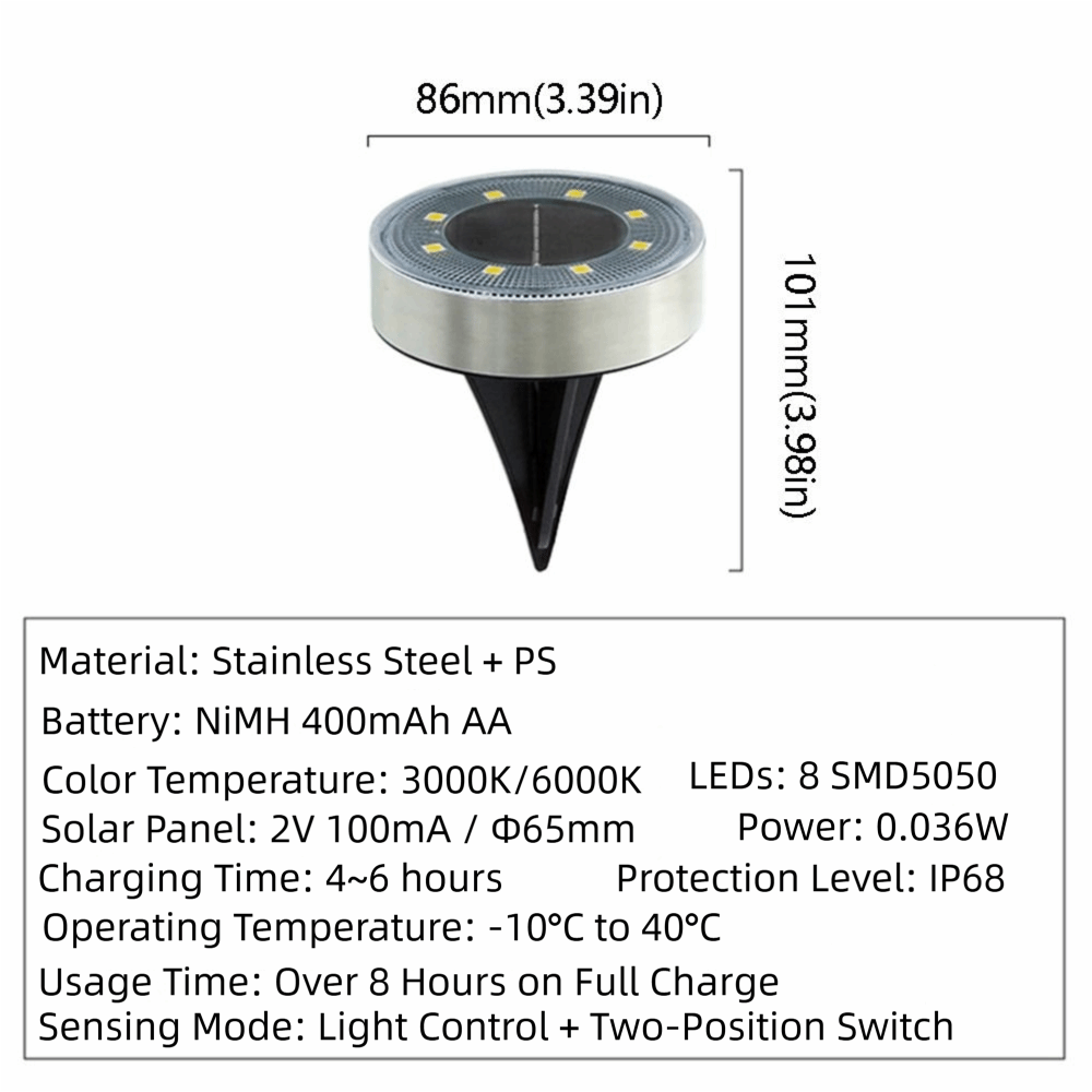 8 Outdoor LED Solar Light - IP68 Waterproof Garden Pathway