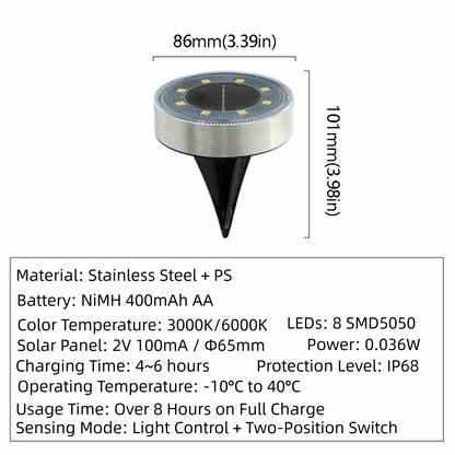 8 Outdoor LED Solar Light - IP68 Waterproof Garden Pathway