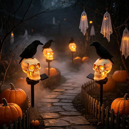 Waterproof Halloween Solar Pathway Light, LED Solar Crow Skull Light Gothic Crow On Skeleton Head Stake Lamp